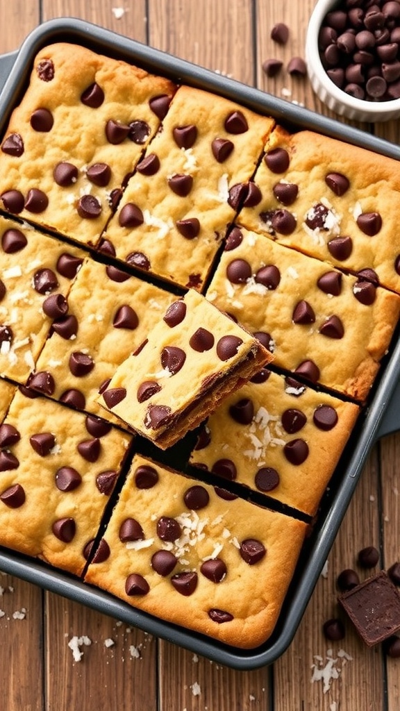 A tray of golden magic cookie bars with chocolate chips and coconut on a rustic wooden table.